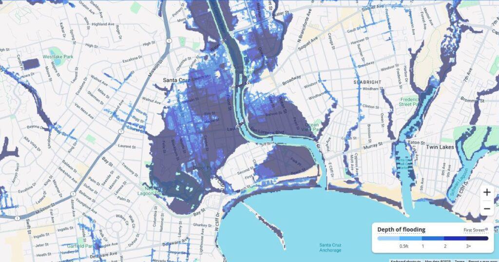 Map showing potential seasonal flood levels in downtown Santa Cruz that can occur by 2055.