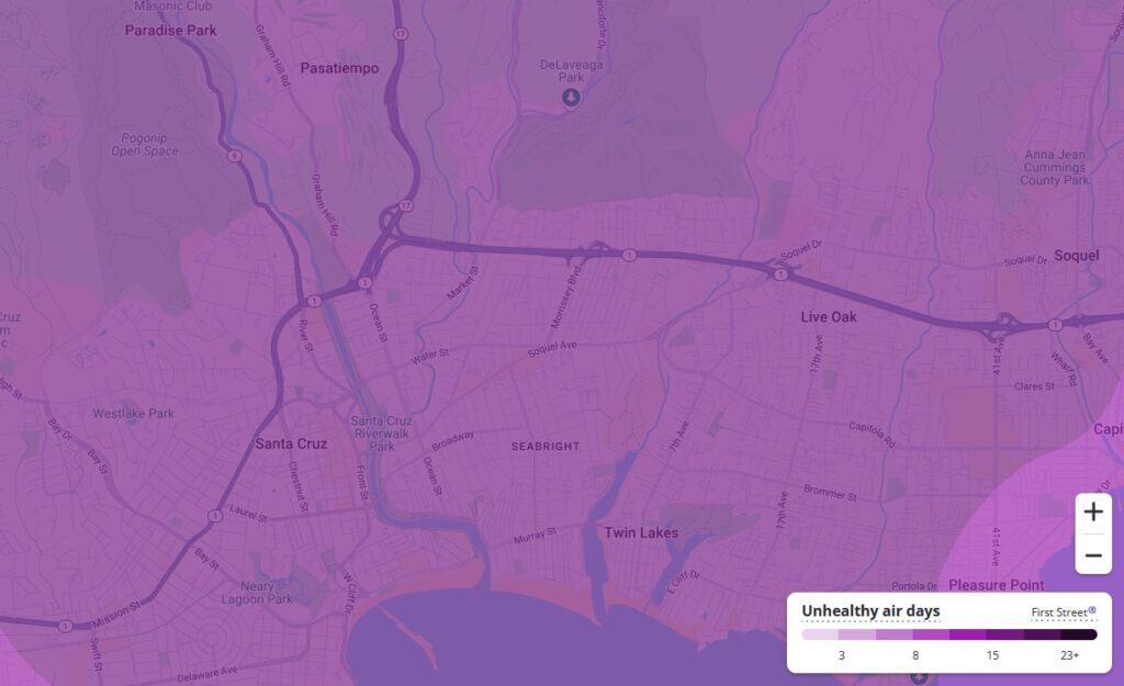 Map showing unhealthy air days in 2055 as predicted by First Street.